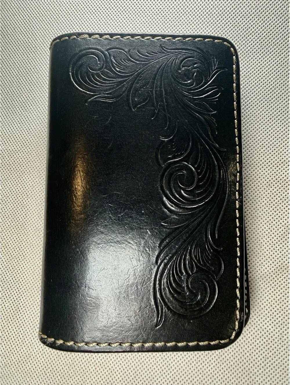 FUNNY Japan Vintage Hand Carved Black Leather Mid Wallet Western Tooled Biker